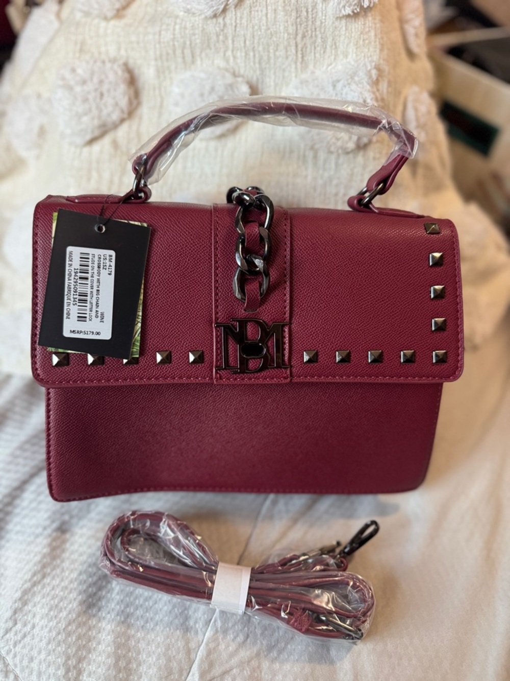 Badgley Mischka Burgundy Top-Handle Satchel with Stud and Chain Accent NWT